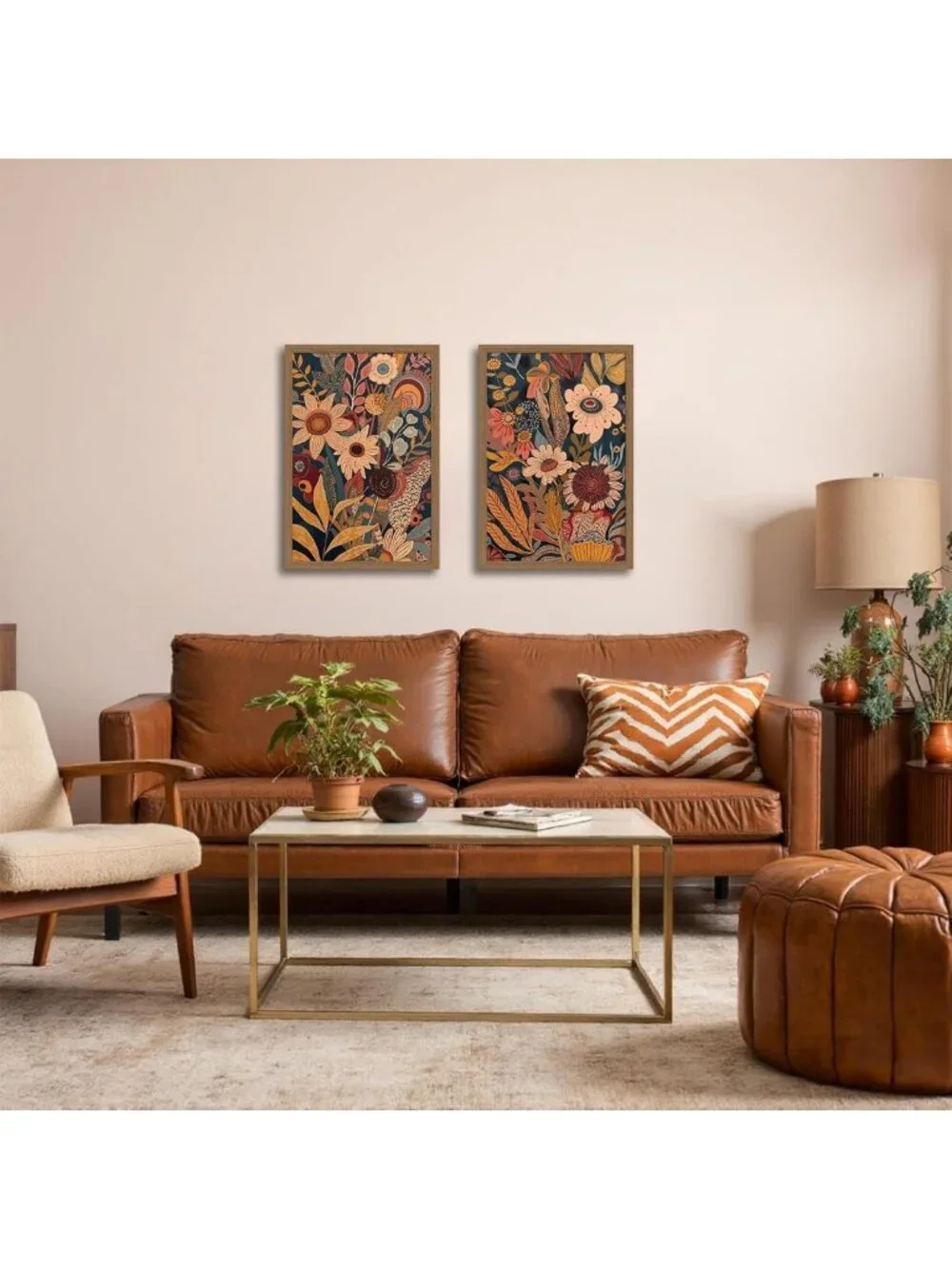Set of 2 Orange Floral Canvas Wall Art - Bohemian Mid Century Decor for Home